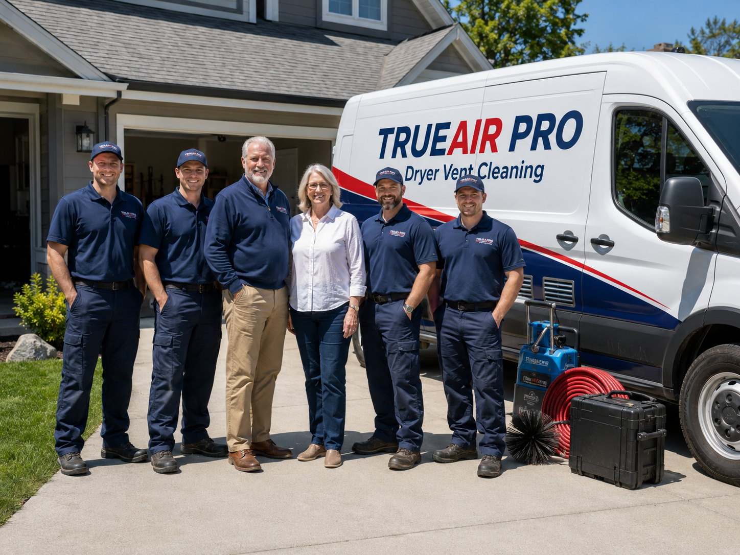 TRUEAIR PRO dryer vent cleaning technicians in branded uniforms standing in front of their service van outside a home